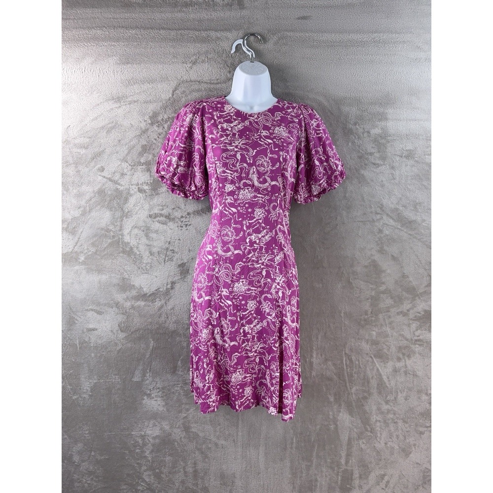 Banjanan Quant Shirred Dress Womens Size Small Purple Animal Print Puff Sleeve